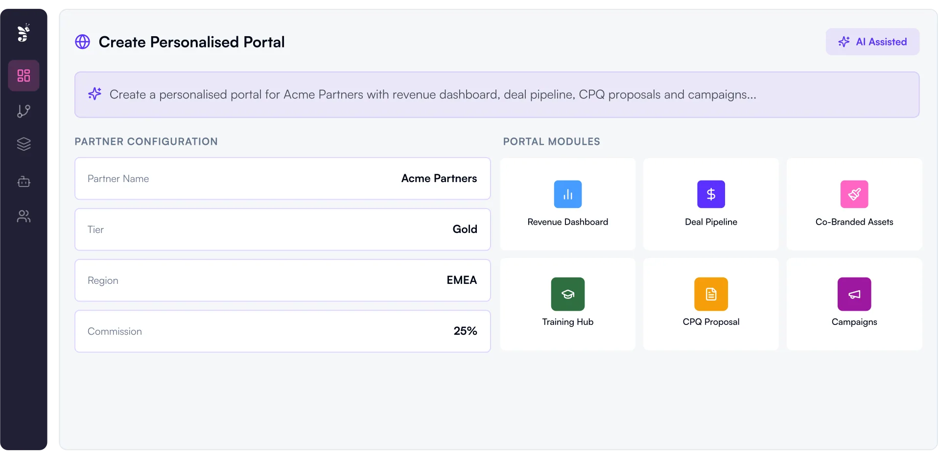 Creating a personalised partner portal for Acme Partners, a Gold tier EMEA partner on 25% commission, with revenue dashboard, deal pipeline, co-branded assets, training hub, CPQ proposal and campaigns modules.