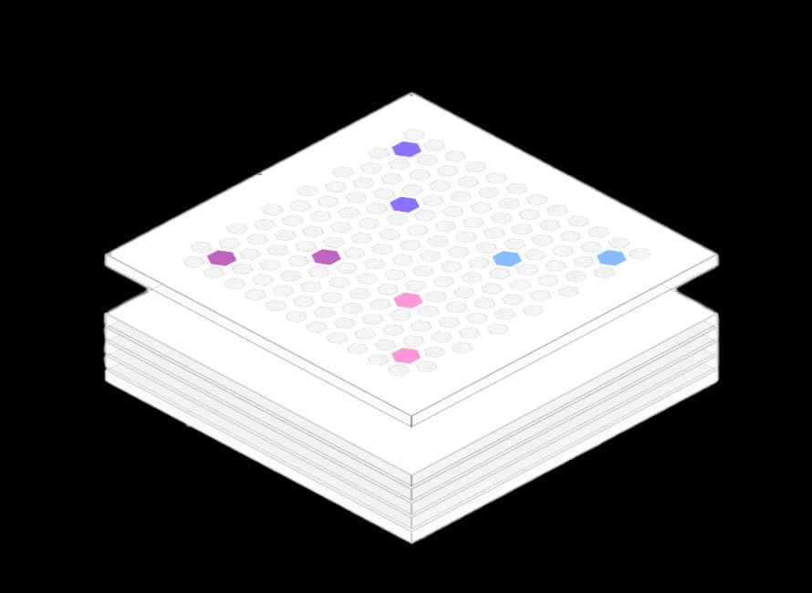Isometric illustration of a layered board with purple, pink and blue tokens on top, representing partner tiers stacked on one platform